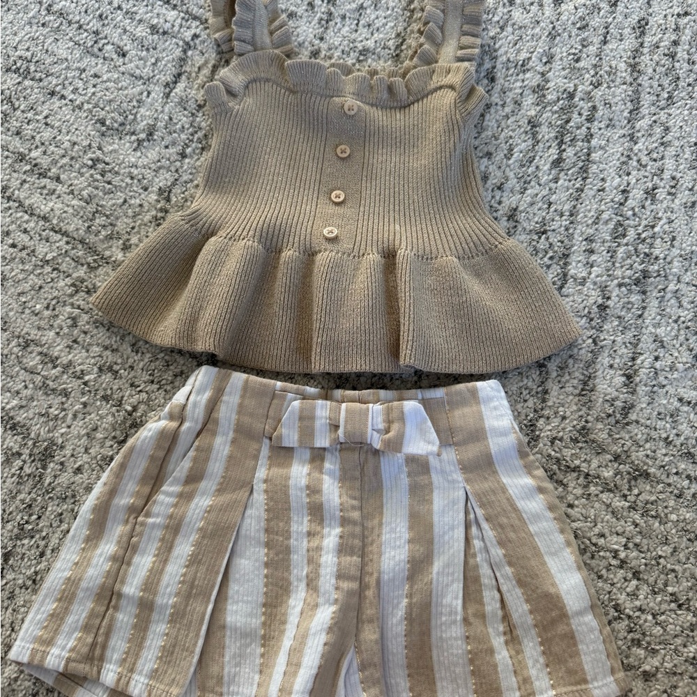 Jamie and Jack Tan Knit Top and Striped Shorts Set